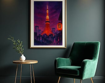 Tokyo Tower Night View – Watercolor Cityscape Wall Art Digital Print