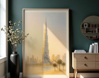Dubai Sunrise – Burj Khalifa Watercolor Cityscape Digital Wall Art