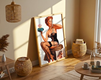 Arte de chica pin-up retro: póster vintage de tarta de queso, decoración de pared glamurosa de los años 50, ilustración de chica pin-up sexy, impresión digital descargable