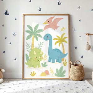Dinosaur Nursery Print – Triceratops, Brachiosaurus & Pterodactyl Wall Art – Prehistoric Baby Room Decor in Pastel Colors