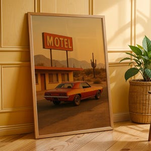 Motel Stop – Vintage Muscle Car Poster with Desert Vibes & Retro Neon