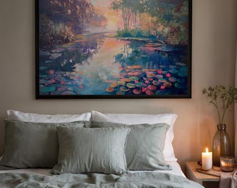 Impressionist Water Lily Landscape Printable Wall Art, Colorful Pond Painting Digital Download, Dreamy Nature Art, Romantic Wall Decor