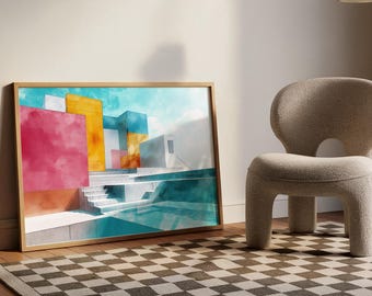 Arte mural imprimible de arquitectura futurista, arte de edificios modernos y coloridos, arquitectura contemporánea abstracta, descarga digital horizontal