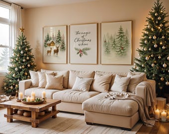 May include: A cozy living room scene with two decorated Christmas trees flanking a beige sectional sofa. Three framed prints hang above the sofa, one with the text "The magic of Christmas is here." A wooden coffee table holds candles and a decorative tray.