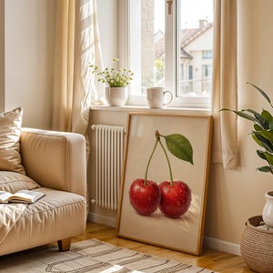 Cherry Art Print – Realistic Water Droplet Cherries – Modern Kitchen Wall Decor Digital Download