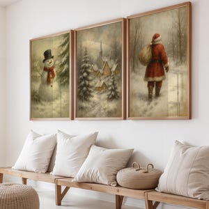 Set de arte mural navideño vintage: Muñeco de nieve, Papá Noel y pueblo invernal (descarga digital)