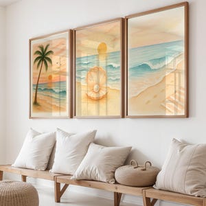 Summer Beach Wall Art Set – Tropical Palm, Seashell & Ocean Wave Prints – Coastal Watercolor Decor (Digital Download)