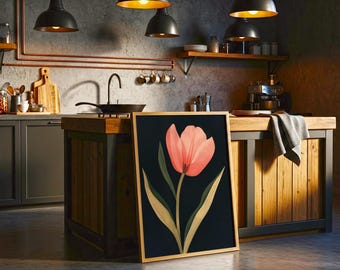 Pink Tulip Wall Art, Minimalist Flower Print, Botanical Poster, Modern Floral Illustration, Black Background Decor