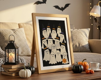 Simpatici fantasmi di Halloween da parete, stampabili con cappelli da strega, decorazioni digitali da scaricare per Halloween.