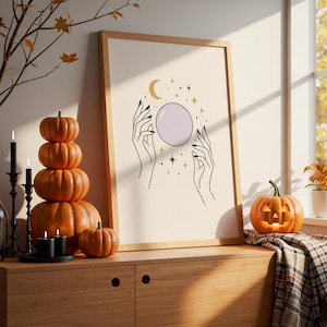 Impresión de manos de bruja místicas – Arte mural de Halloween con bola de cristal – Decoración bohemia digital