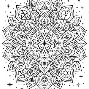 Puede incluir: Ilustraci&oacute;n en blanco y negro de un dise&ntilde;o de mandala detallado. El patr&oacute;n circular presenta estrellas, ojos, lunas, soles y otros s&iacute;mbolos m&iacute;sticos. El dise&ntilde;o est&aacute; rodeado por un campo de estrellas.