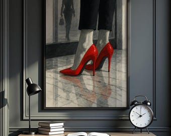 Red Stiletto Heels Fashion Print: Glam Marble Wall Art (Digital Download)