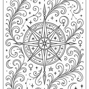 Puede incluir: Ilustraci&oacute;n en blanco y negro con una rosa de los vientos central, rodeada de motivos florales arremolinados, estrellas, constelaciones y s&iacute;mbolos celestiales. El dise&ntilde;o es detallado y adecuado para colorear o decorar.