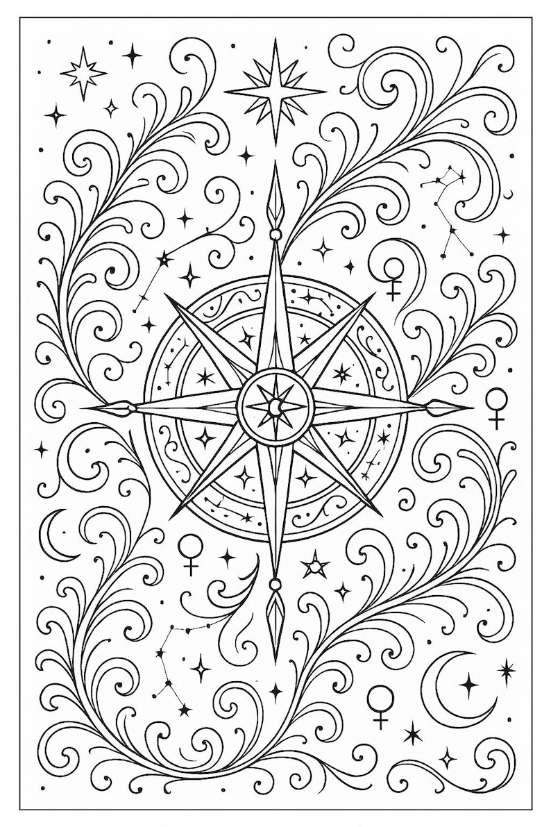 Puede incluir: Ilustraci&oacute;n en blanco y negro con una rosa de los vientos central, rodeada de motivos florales arremolinados, estrellas, constelaciones y s&iacute;mbolos celestiales. El dise&ntilde;o es detallado y adecuado para colorear o decorar.