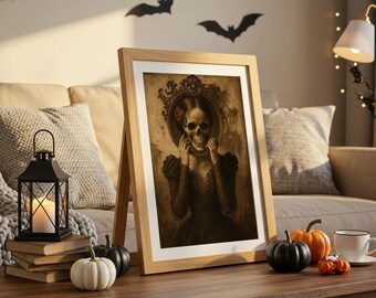 Viktorianische Schädel-Braut - Gothic Halloween Portrait Art, Haunted Wedding Wall Print