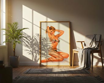 Vintage Bikini Pin-Up Wall Art – Retro 1950s Illustration, Classic Pinup Girl Poster, Sexy Beach Decor, Mid-Century Art Print