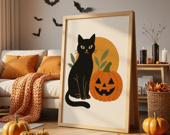 May include: A framed Halloween-themed art print featuring a black cat, jack-o'-lantern, and a yellow sun. The print is displayed on a wooden easel. The room is decorated with pumpkins, fall leaves, and bat silhouettes.