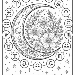 Puede incluir: Ilustraci&oacute;n en blanco y negro de una luna creciente con elementos florales y s&iacute;mbolos del zodiaco. La luna est&aacute; rodeada por un c&iacute;rculo de signos del zodiaco y estrellas, perfecta para colorear.