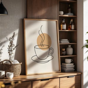 Minimalist Coffee Cup Wall Art – Modern Line Art Print, Kitchen Cafe Decor, Digital Download