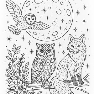 Puede incluir: Ilustraci&oacute;n en blanco y negro de una escena de bosque nocturno. Un b&uacute;ho vuela frente a una luna llena, con dos b&uacute;hos y un zorro posados en una rama debajo. Estrellas y elementos florales completan el dise&ntilde;o.