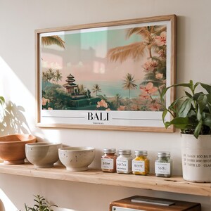 Arte mural de Bali, póster de viaje a Indonesia, impresión de templo tropical, decoración de paisaje bohemio, descarga digital horizontal moderna