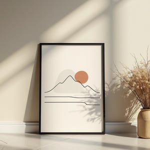 Minimalist Mountain Line Art – Abstract Sun and Landscape Print, Modern Neutral Wall Decor, Digital Download