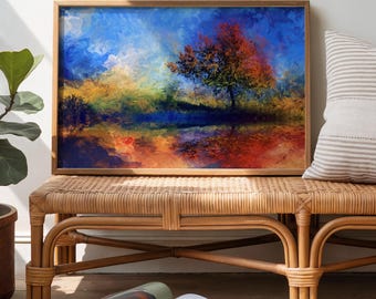 Art mural imprimable paysage impressionniste coloré, peinture nature arbre abstrait, art automne vibrant, décoration murale horizontale moderne