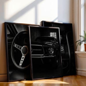 Vintage Garage Print Set – Monochrome Car Wall Art Trio, Black and White Muscle Car Decor, Digital Download for Men’s Spaces