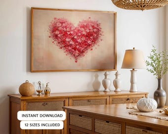Heart Wall Art Printable, Valentine’s Day Heart Artwork, Romantic Love Decor, Pink and Red Heart Print, Digital Download,Horizontal Wall Art