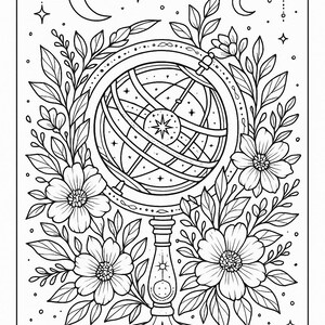 Puede incluir: Ilustraci&oacute;n en blanco y negro de un globo celeste rodeado de flores, hojas, estrellas y lunas crecientes. El globo presenta l&iacute;neas intrincadas y una estrella central, sobre un soporte decorativo.