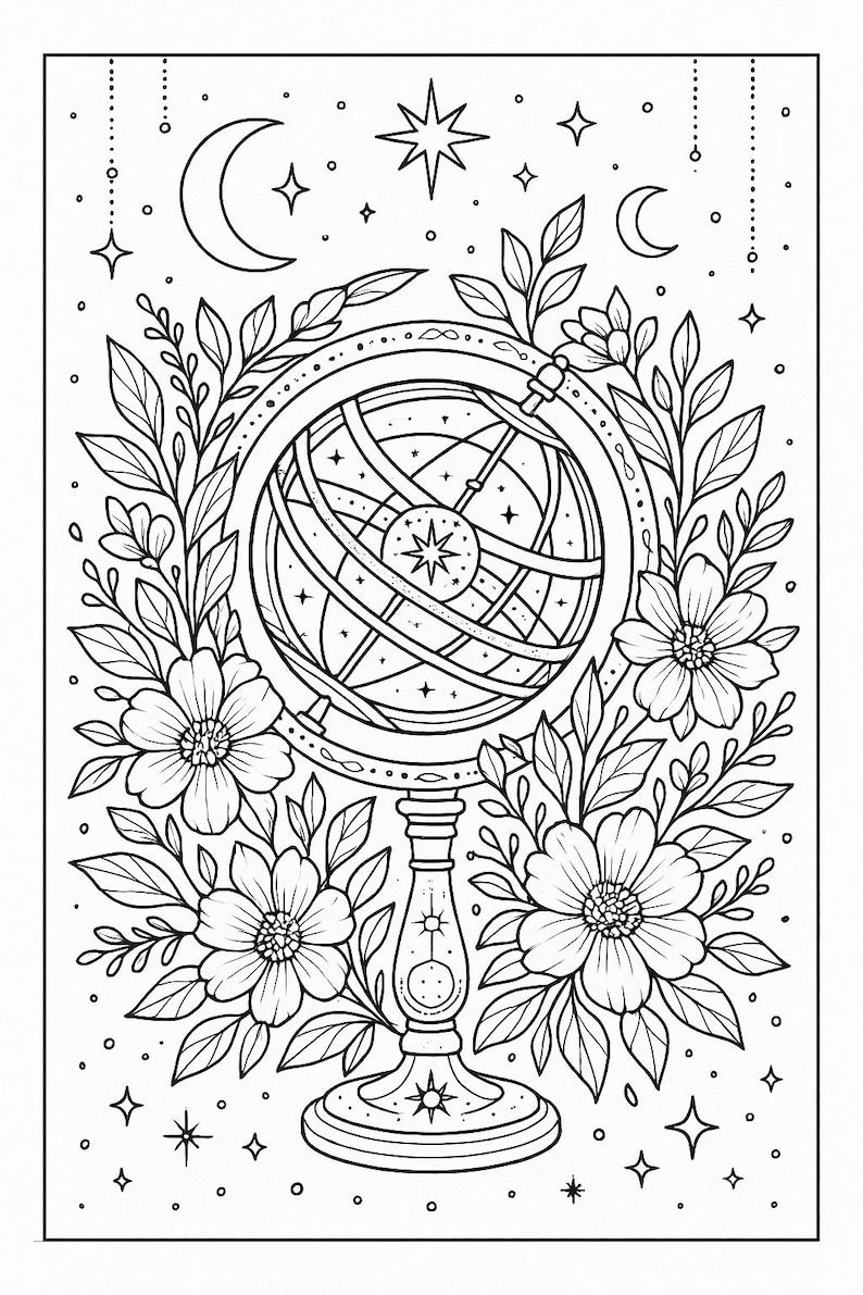 Puede incluir: Ilustraci&oacute;n en blanco y negro de un globo celeste rodeado de flores, hojas, estrellas y lunas crecientes. El globo presenta l&iacute;neas intrincadas y una estrella central, sobre un soporte decorativo.
