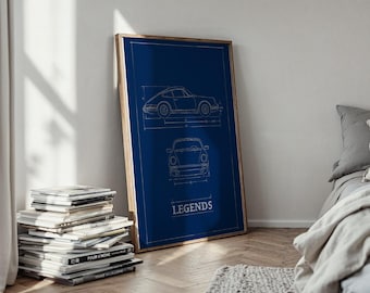 May include: A framed blueprint-style poster featuring a classic car design in white on a deep blue background. The poster includes side and front views of the car, with the word "LEGENDS" at the bottom. The frame is a light brown color.