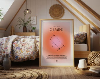 Gemini Zodiac Wall Art Print – Gemini Constellation Poster, Astrology Sign Decor, Minimalist Horoscope Print, Zodiac Gift for Her