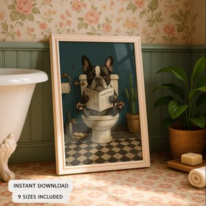 Arte imprimible divertido para la pared del baño con perros, arte de baño con bulldog francés, decoración de baño original, ilustración de perro estilo vintage