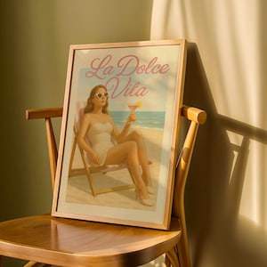 La Dolce Vita Poster – Vintage Summer Seaside Art Print, Retro Woman with Cocktail, Italian Chic Decor