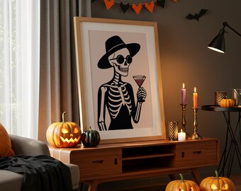 Szkieletowa sztuka ścienna – efektowny wydruk na Halloween z koktajlem – szykowny, upiorny wystrój