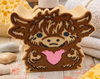 Jabonera con forma de vaca de las Tierras Altas con corazón / Decoración de baño rústica / Dispensador de jabón con forma de vaca / Jabonera compatible con Bath & Body Works