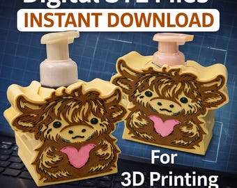Highland Cow Soap Dispenser STL File | 3D Print Bathroom Decor | Farmhouse Highland Cow Decor | Cute Bathroom Organizer Digital Download