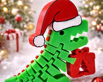3D Printed Flexi Rexi Dinosaur – Articulating Christmas Dino Toy – Flexible T-Rex Desk Toy – Holiday Stocking Stuffer – Poseable Fidget Toy