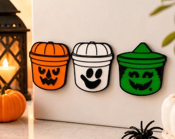 Halloween Magnets | Boo Bucket Magnet Set | Retro Halloween Fridge Magnets | Pumpkin Ghost Witch Refrigerator Decor | 3D Printed