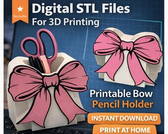 Portalápices con lazo impreso en 3D (archivo STL) / Organizador de escritorio adorable / Decoración de oficina coqueta / Portalápices con cinta / Descarga digital para impresión 3D