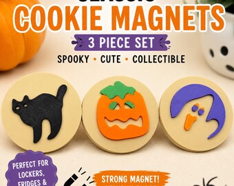 Halloween Cookie Magnets Set | 3D Printed Fridge Magnets | Black Cat Pumpkin Ghost Kitchen Decor | Spooky Fall Gift | Cute Magnet Set