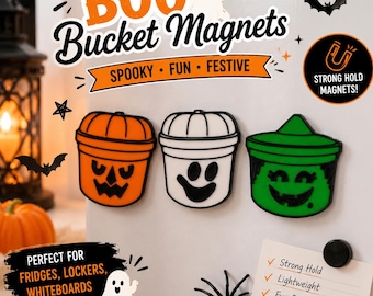 Boo Bucket Magnets | Halloween Fridge Magnets | Pumpkin Ghost Witch Magnet Set | Cute Halloween Kitchen Decor | 3D Printed Gift