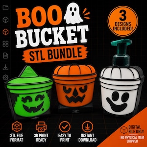 Boo Bucket STL Bundle | 3 Halloween Soap Holder STL Files | Ghost Pumpkin Witch Digital Download | 3D Print Files | Halloween Decor