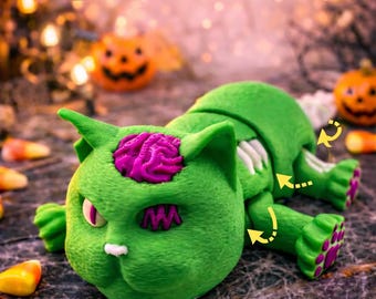 Gato zombi articulado impreso en 3D – Juguete flexible y articulado para gatos – Decoración de Halloween espeluznante y adorable – Figura de gato esqueleto – Juguete antiestrés de escritorio