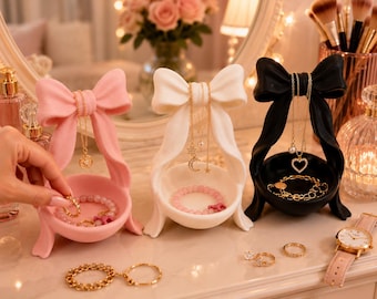 Organizador de joyas Coquette Bow / Bandeja organizadora de tocador adorable / Plato para anillos y pendientes / Decoración estética para tocador / Regalo para ella