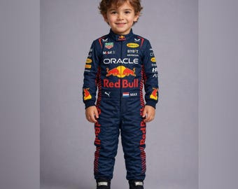 Red Bull Go-Kart-Rennanzug für Kinder mit kostenloser Sturmhaube; individuelle Logo- und Namensvergabe möglich.