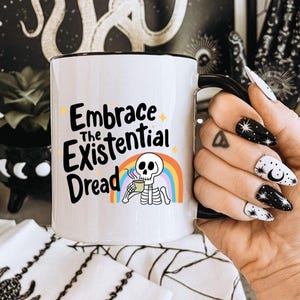 Existential Dread Mug | Dark Humor Coffee Cup | Accent Color Design | Funny Gift Idea | Novelty Gift | Coffee Lover Gift | Skeleton Rainbow