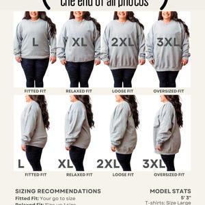 May include: A size chart showing four gray sweatshirts in sizes L, XL, 2XL, and 3XL, with front and side views. Text includes "Fitted Fit," "Relaxed Fit," "Loose Fit," and "Oversized Fit." Sizing recommendations and model stats are also provided.