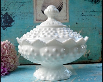 MOTHER’s DAY Gift/ Fenton Milk Glass Candy Dish with Lid / Vintage Fenton Milk Glass Hobnail